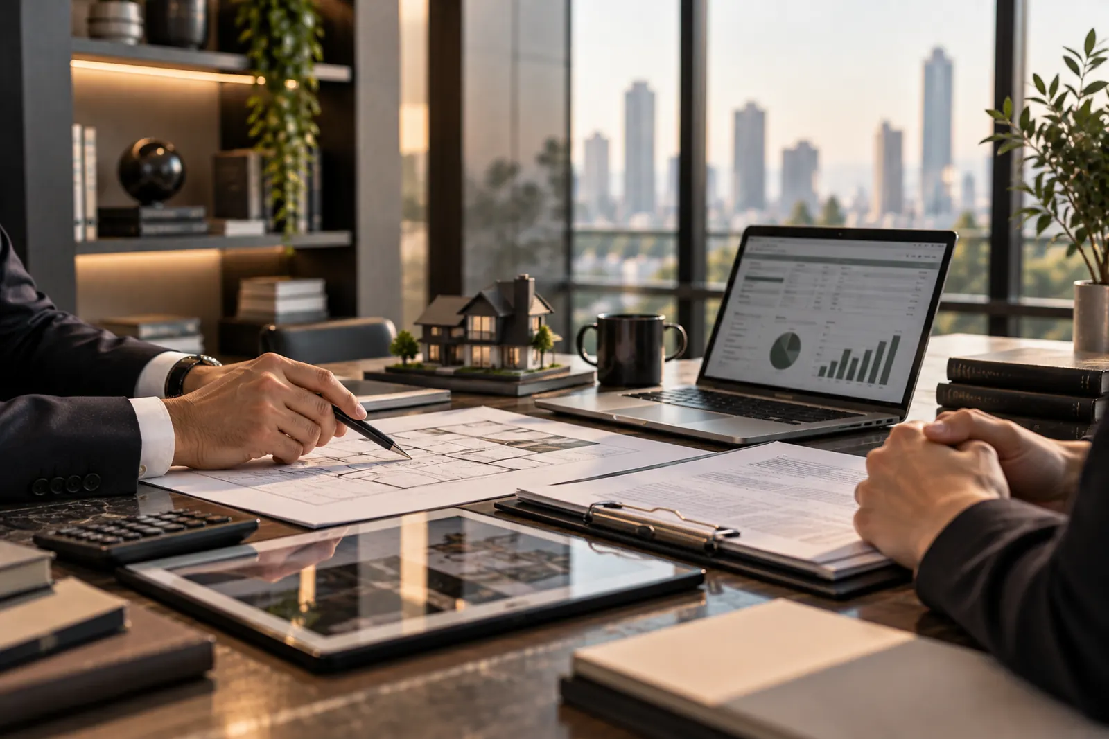 Mortgage documents, house model, and financial charts on a desk
